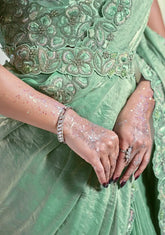 India Silk Mint Green Sarees Made From Crepe Satin Silk Blend Traditional Craftsmanship With A Soft Elegant Texture